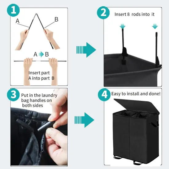 Double Laundry Hamper with Lid and Removable Bags, Laundry Basket 2 Section, Double Hampers for Laundry, Large Divided Hamper, Dual Laundry Hamper 2 Section with Handles Dorm 158L Black {5}