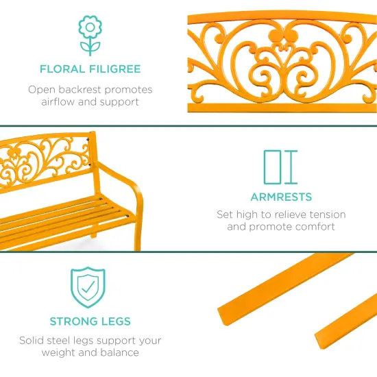 Best Choice Products Outdoor Steel Bench Garden Patio Porch Furniture w/ Floral Design Backrest Marigold {6}