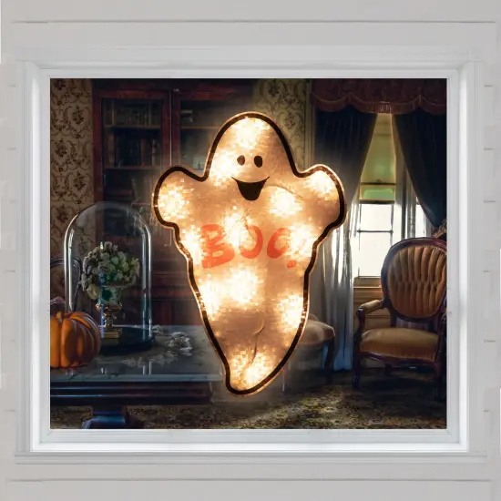 Northlight Lighted Holographic Boo Ghost Halloween Window Decoration - 12" Orange {4}