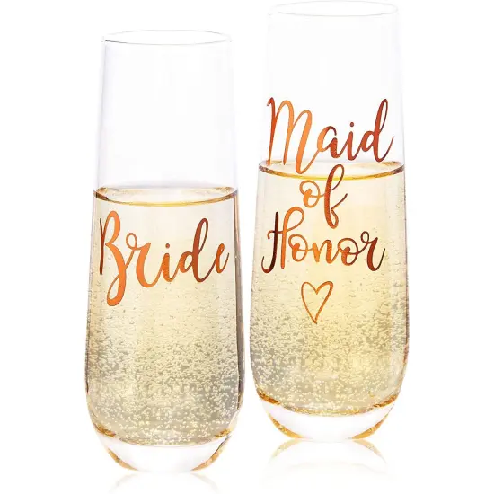 Juvale Rose Gold Stemless Champagne Glasses for Bride and Maid of Honor, 9.8 oz Wedding Flutes Gift Set (2 Pieces) Clear {1}