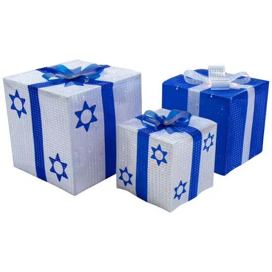 Northlight 3pc White and Blue Shimmering Lighted Hanukkah Gift Box 12" {3}