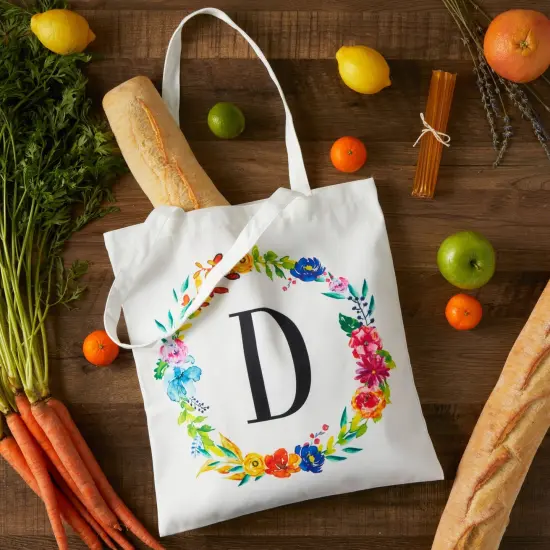 Set of 2 Reusable Monogram Letter D Personalized Canvas Tote Bags for Women, Floral Design (29 Inches) White {2}