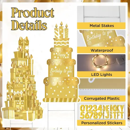 Happy Birthday Yard Sign with Stakes for Birthday Decor LED Lights White Gold Birthday Lawn Sign 27.6" Large Personalized Signs with Number Letter Stickers for Celebrations Birthday Party Decoration {2}