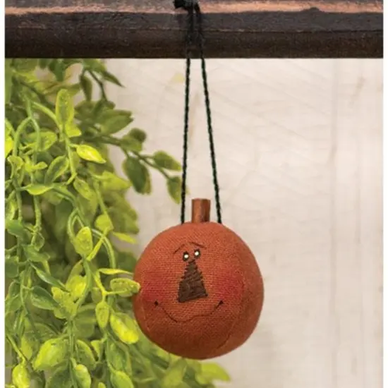 Primitive Burnt Orange Jack O Lantern Ornament with Embroidered Face and Black String Hanger {2}
