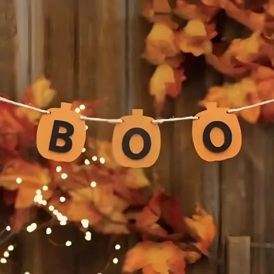 Orange Wood Pumpkin BOO Garland on Jute Strand with Hanging Loops {2}