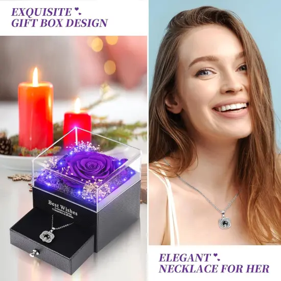 Lighted Preserved Real Rose with Heart Necklace - Violet {4}