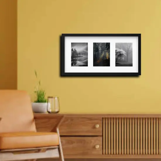 Black 3-Photo Frame 21&frac34;" x 11" with Mount & Safe Plastic Front &ndash; Flexible Hanging with ALFTA Adhesive Hook {3}