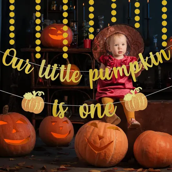 Gold Glitter Our Little Pumpkin is One Birthday Banner {3}