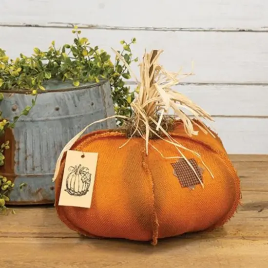 Freestanding 15" Fabric Pumpkin Sitter with Gingham Patches Ribbed Detail Stick Stem and Moss Accent Orange {2}