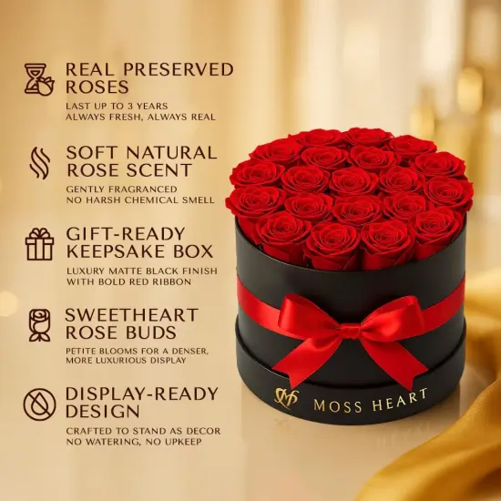 20 Preserved Roses, Forever Flowers for Delivery in Designer Round-Shaped Box {3}