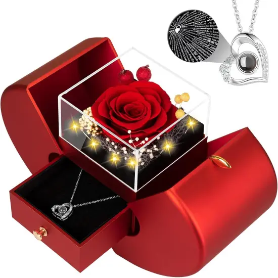 Preserved Red Real Rose with Necklace, Birthday Gifts for Women - Red {1}