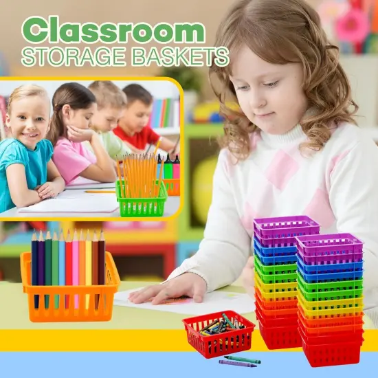 4E's Novelty 12 Pack Small Classroom Storage Baskets, Square 4.5" Sturdy Plastic Colorful Crayon & Pencil Container, Organizer Bins for Desk for Classrooms Supplies, Office, Toy Storage {6}