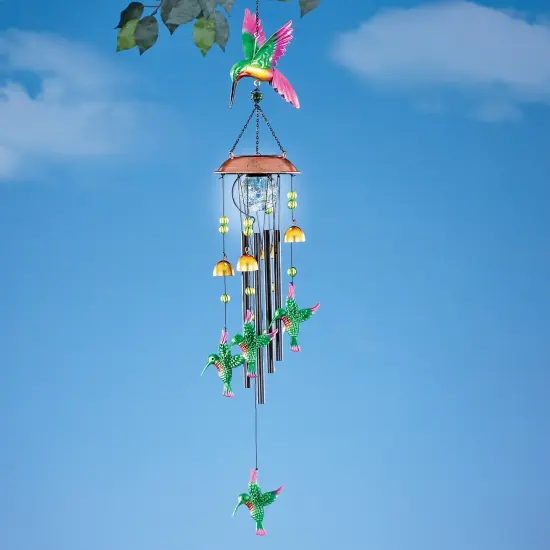 Collections Etc Solar Powered Hummingbird Bell Windchime Garden Mobile {1}