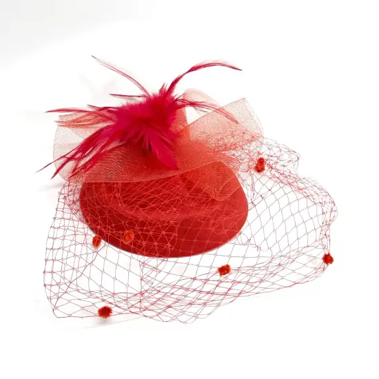 Feathery Red Fascinator with Lace Veil Adult Costume Hat {3}