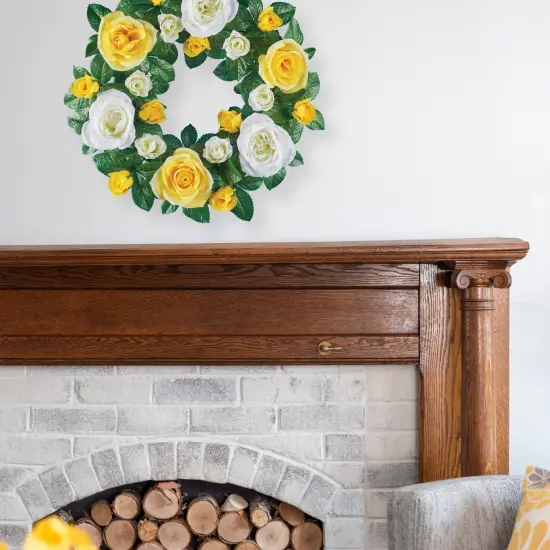 Collections Etc Artificial Yellow and White Roses Hanging Wreath {7}