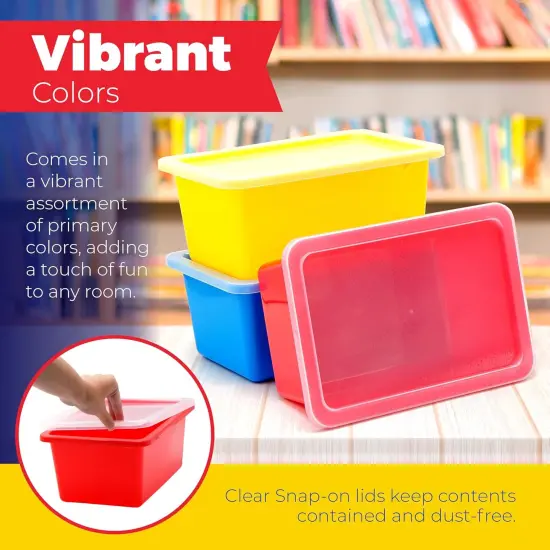 4E's Novelty Plastic Storage Bins with Lids, 5 Qt, 3 Pack, Colorful Plastic Cubby Storage Bins, Stackable Organizer Cubbies for Classroom or Home (11.4" x 7.75" x 5") {3}