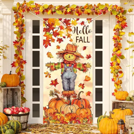 Fall Door Banner Cover Scarecrow Pumpkin Leaves Hanging Banner,31.5 x 67 Inch {1}