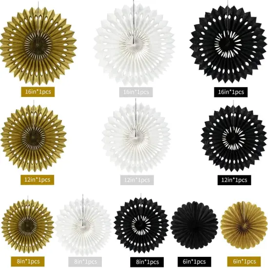 （11packs）- Black Gold White Hanging Honeycomb Round Paper Fans Decoration {2}
