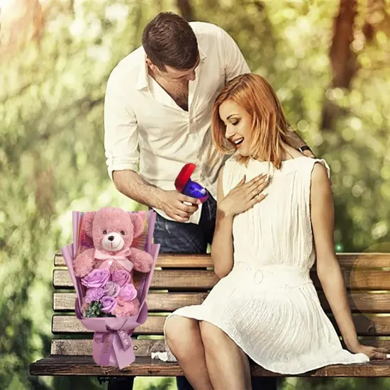 Preserved Rose Bouquet Flowers with Teddy Bear - PURPLE {4}