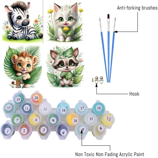 4 Pack Paint by Number Kit for Adults, Animals DIY Arts and Crafts Mini Small Easy Paint by Number for Beginner with Paints Brushes,Cat Zebra, Lion Raccoon Acrylic Paint Set for Home Decor 6x6Inch {3}