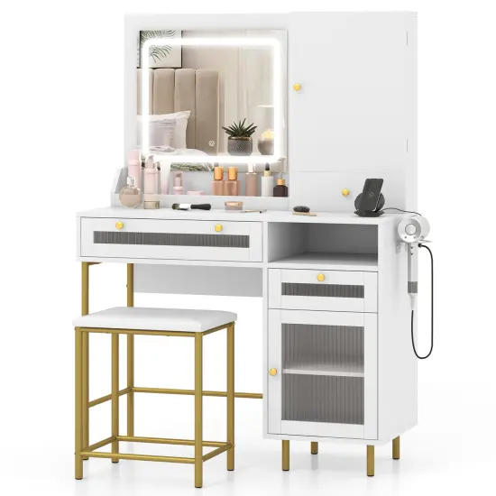 Modern Makeup Vanity Desk with Mirror and Lights and Stool Set-White {1}