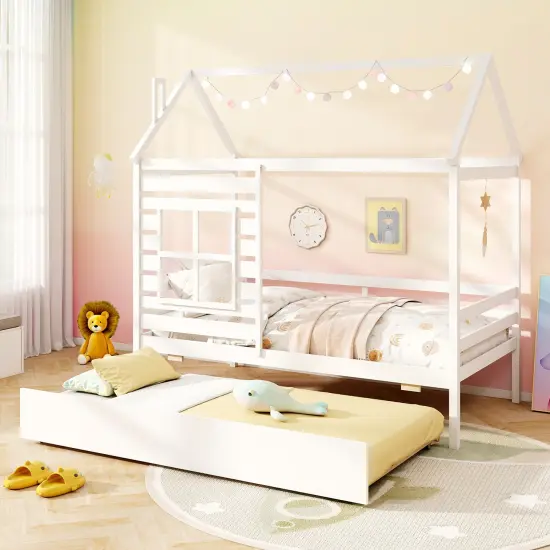 Solid Wood House Bed with Trundle, Guardrails and Customizable Design White {2}