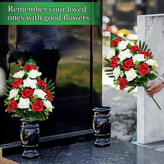Artificial Cemetery Flowers, Memorial Rose Flowers Grave Decoration Flower Bouquets with Vase for Cemetery Graveyard Headstones Decor, Set of 2 (Red&White) {5}
