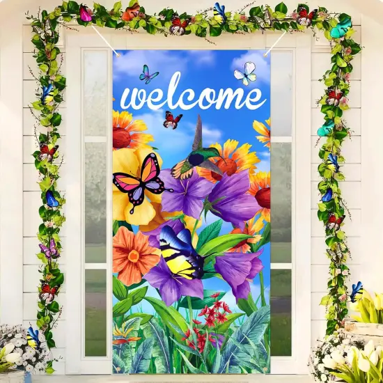 Welcome Butterfly Door Cover Welcome Spring Door Decorations Banner Butterfly Flower Porch Banner Sign Photo Background for Spring and Summer Seasonal Welcome Holiday Party Indoor Outdoor Decor {1}