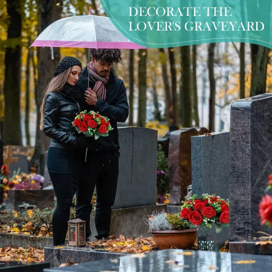 2 Sets Artificial Cemetery Flowers 36 Heads Rose with 2 Grave Markers Flower Holder Vase with Drainage Hole Long Spikes and 2 Floral Foam Blocks for Outdoor Memorials (Red) {5}