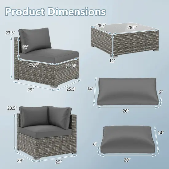 5-Piece Outdoor Patio Furniture Set Including Coffee Table and 4 Rattan Chairs with Cushions Gray {5}