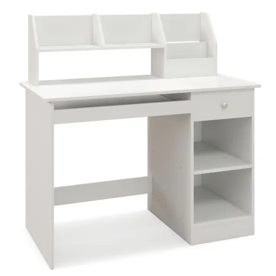 White Children Writing Table with Keyboard Tray and Hutch Drawer Shelves Ideal for Kids {1}
