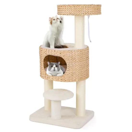 Natural Modern Cat Tower Tree with Fully Wrapped Sisal Scratching Posts {4}