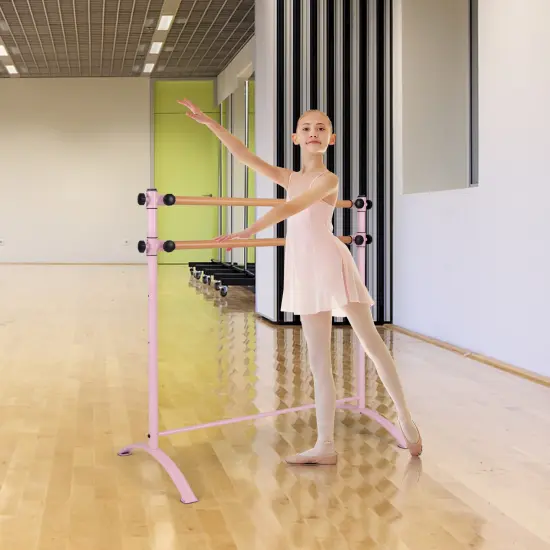 4 Foot Portable Freestanding Double Ballet Barre with 4 Level Adjustable Height Pink {2}