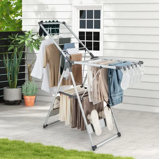 5-Level Adjustable Height Folding Clothes Drying Rack with 10 Side Clips and 4 Shoe Holders {3}