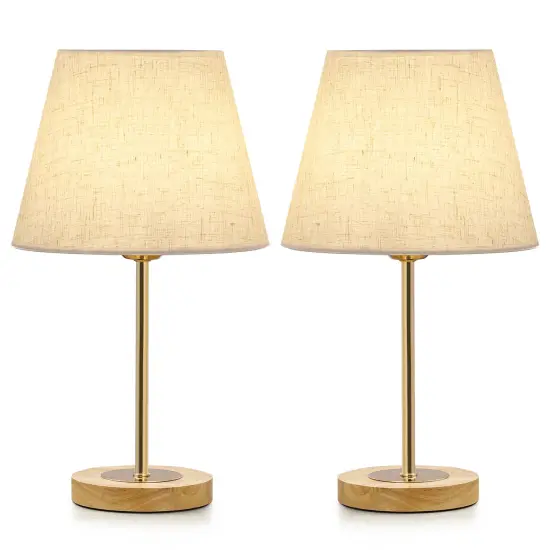 Set of 2 Wooden Bedside Table Lamps with Linen Shade &ndash; Modern Desk Lamps for Bedroom, Office, Nursery &ndash; UL Certified, Warm Eye-Caring Light, Compact 15.4" Height {1}