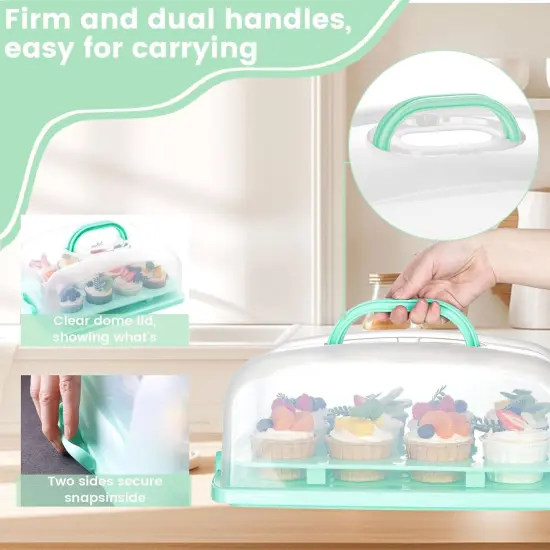 Cake Carrier with Lid, Green Cake Holder Cupcake Container for 12 Cupcakes 2 in 1 Portable Dessert Container for Cake Pie Muffin Cobbler {3}