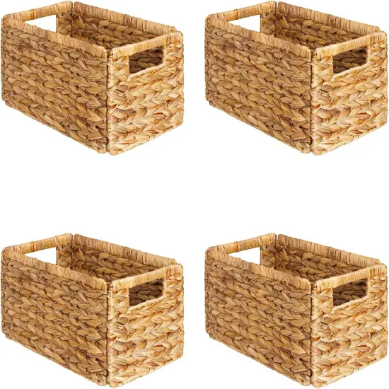 4 Pack Spring Wicker Basket, Storage Baskets for Organizing, Woven Rattan Basket with Handles for Shelves, Water Hyacinth Large Cube Organizer Storage Bin, 13x8.2x7 inch, Natural {1}