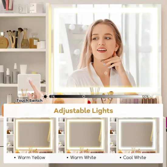 Vanity Set with 3-Color Adjustable Lights, Storage, Charging Ports and Stool White {6}