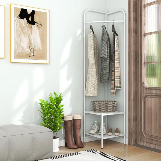 Corner Coat Rack with Top Hanger and 2 Mesh Shelves for Entryway White {1}