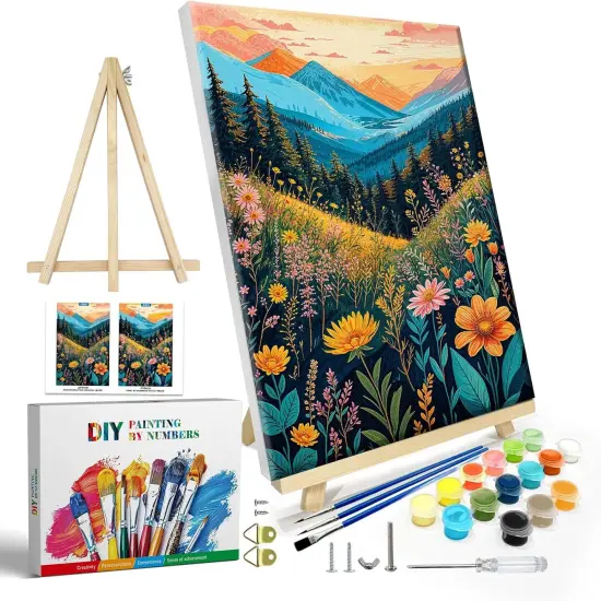 Mountain Paint by Numbers Kit for Adults with Frame, Flowers Paint by Number with Easel, DIY Landscape Adult Paint by Number Kits Framed Canvas for Home Wall Decor 8 x 12 Inch {1}
