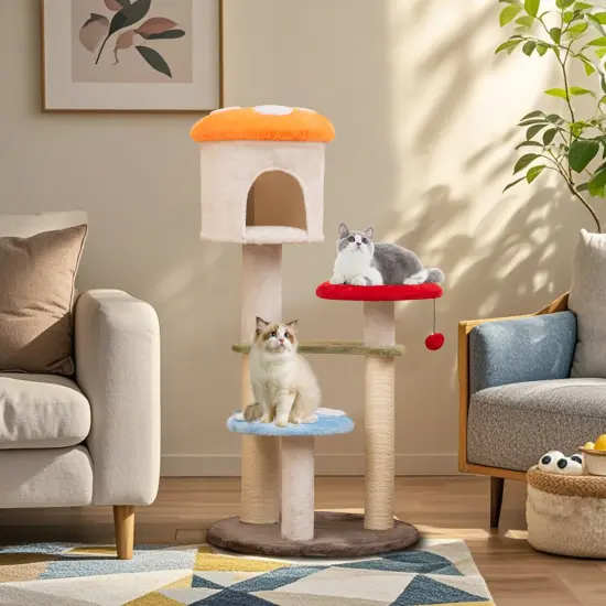 Multi-Color Plush Mushroom Cat Tree with Sisal Scratching Posts, Condo and Platforms {2}