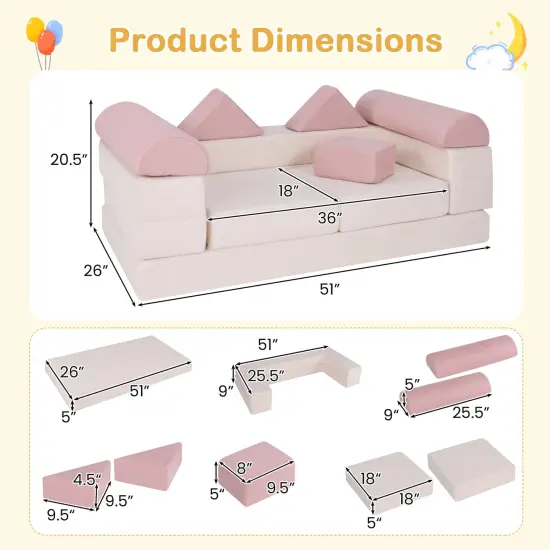 Suede Fabric Convertible Kids Play Couch Set with Foam Blocks and Cushions Pink {5}
