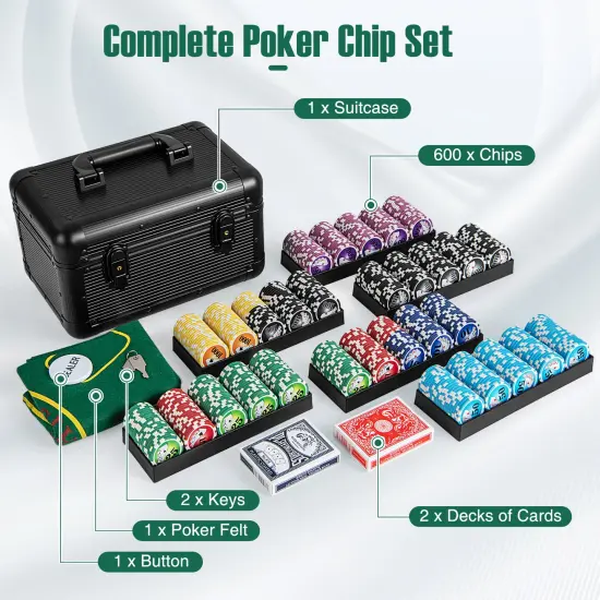 Black Aluminum Poker Chip Set with 600 Chips, Cards, Felt and Carrying Case {6}