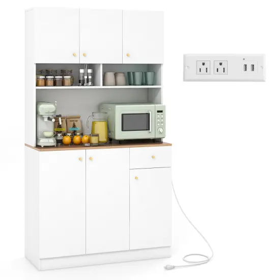 White MDF Engineered Wood Kitchen Pantry Cabinet with Power Outlets {1}