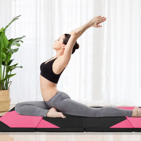 10-Feet Long Folding Exercise Mat with Waterproof PU Leather Cover Perfect for Stretches and Routines Black and Pink {1}