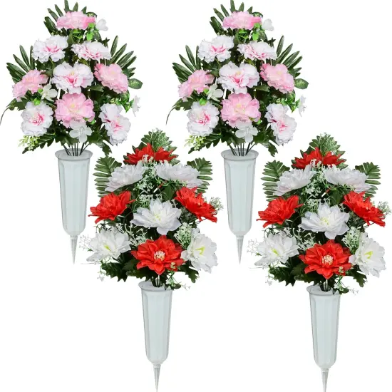 Artificial Cemetery Flowers, Spring Memorial Bouquet with Vase, Outdoor Grave Flowers Decorations, Artificial Dahlia Bouquet for Graveyard, Headstone Decoration, Set of 4 {1}