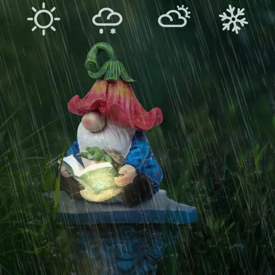 Garden Gnome Statue-Resin Gnome Figurine Hugging Turtle Reading Book with Solar LED Lights {3}