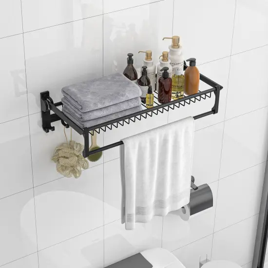 Foldable Space Aluminum Wall Towel Rack with Hooks & Shelf &ndash; Black {2}