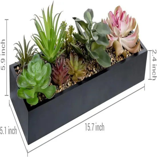 Artificial Assorted Succulent Arrangement in Rectangular Black Wood Planter Box, Fake Plant Decor {5}