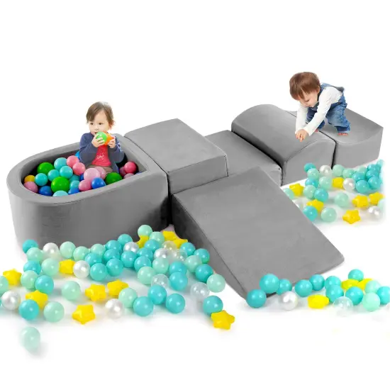 Soft Play 5-Piece Climbing Blocks Set with Slide, Ball Pit, Step and Concave for Kids Gray {4}